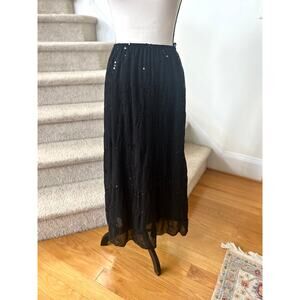 Vintage Y2K Black Sequin Embroidered Floral Tiered Whimsygoth Fairy Midi Skirt